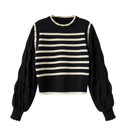 Striped Layered Knit Sweater Long Sleeve Loose Fit Pullover