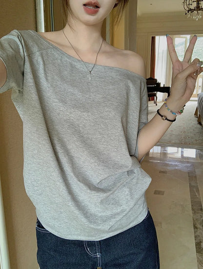 Women's Solid Color Skew Collar Short Sleeve T-Shirt