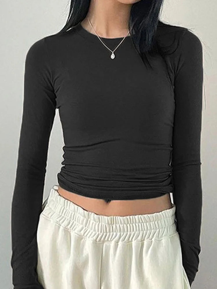 Women Casual Slim Fit Long Sleeve O-Neck T-shirts Tops Spring Fall Solid Color Tees with Thumb Holes Streetwear