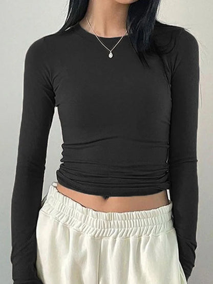 Women Casual Slim Fit Long Sleeve O-Neck T-shirts Tops Spring Fall Solid Color Tees with Thumb Holes Streetwear
