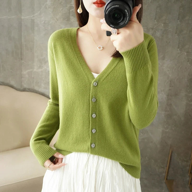 Women's V-Neck Knitted Cardigan - Loose Fit Button-Up Sweater