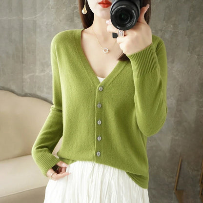 Women's V-Neck Knitted Cardigan - Loose Fit Button-Up Sweater