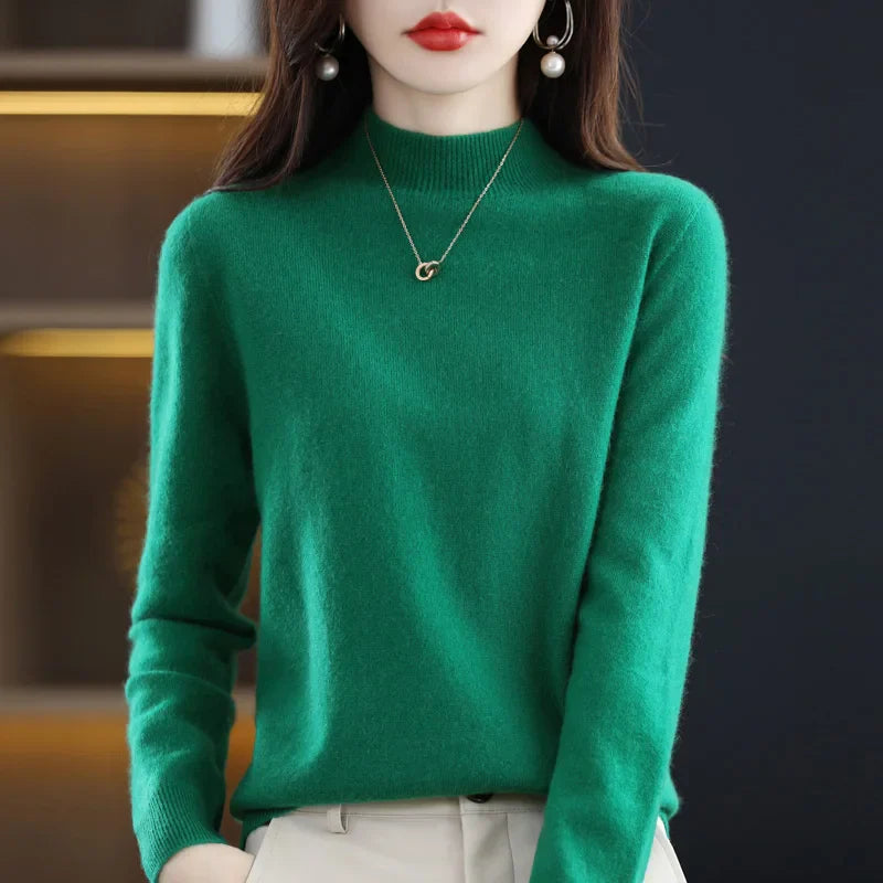 Mock Neck Cashmere Sweater Long Sleeve Loose Fit Pullover