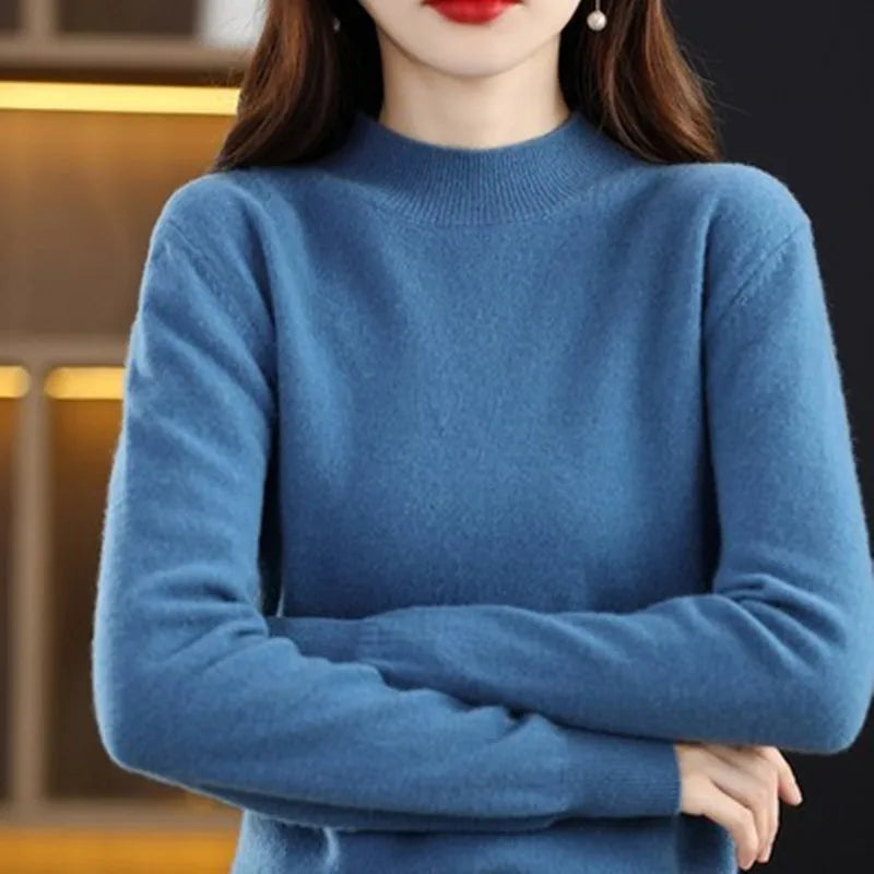 Mock Neck Cashmere Sweater Long Sleeve Loose Fit Pullover