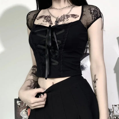 Gothic Lace Patchwork T-Shirt Women Turtleneck Short Sleeve Top