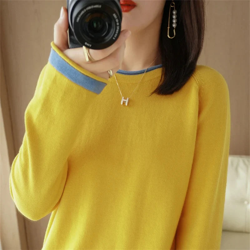Round Neck Cotton Knit Sweater Long Sleeve Regular Fit