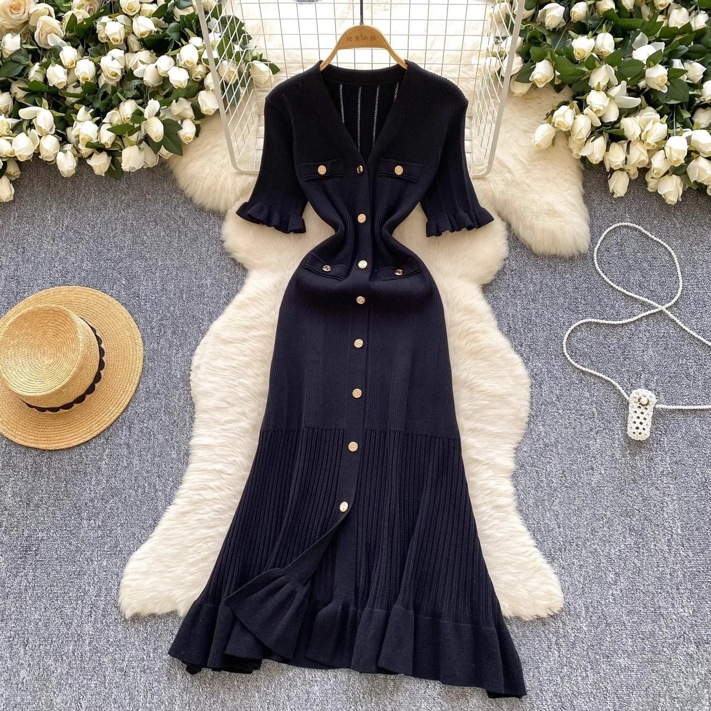 V-Neck Button Ruffle Knit Midi Sweater Dress