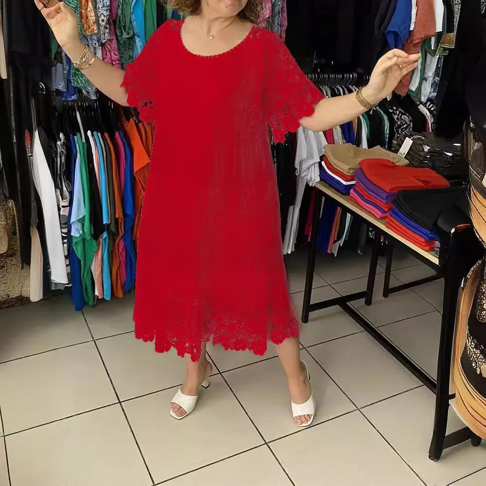 Women Midi Dress Lace Patchwork Round Neck Short Sleeves Hollow Out Flower Embroidery Pleated Party Dress
