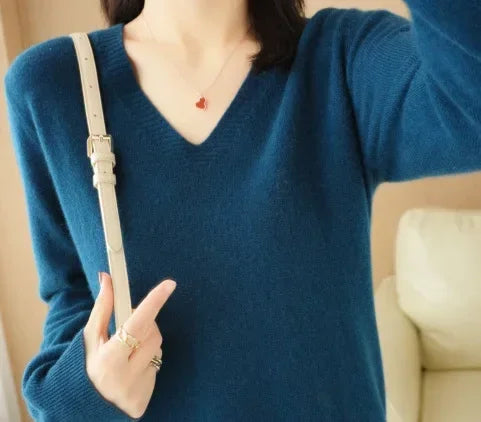 V-Neck Knit Sweater Long Sleeve Slim Fit Pullover