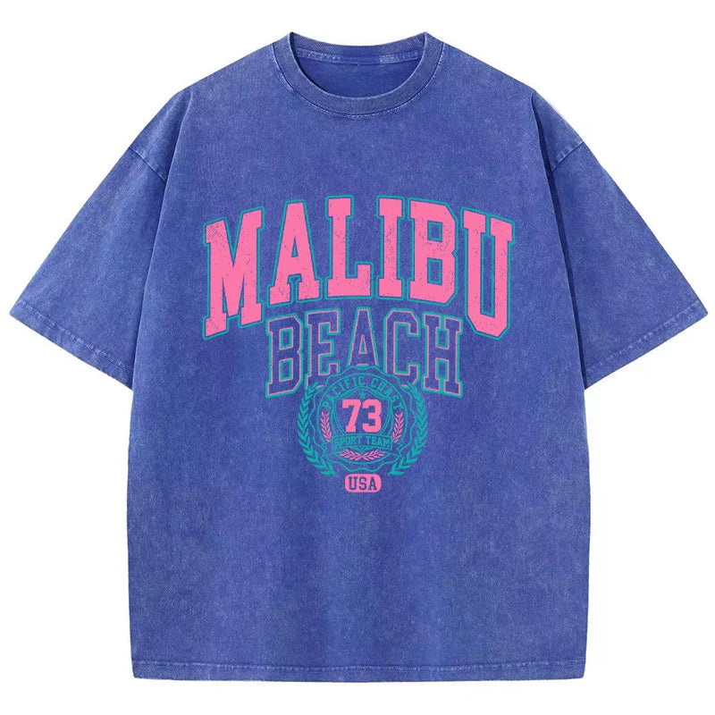 Malibu Beach Letter Print Washed Oversized Tee