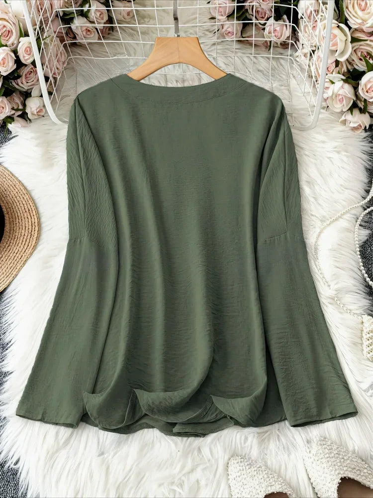 Plus Size Casual Tops Women Loose Long Sleeve V-Neck T-Shirts