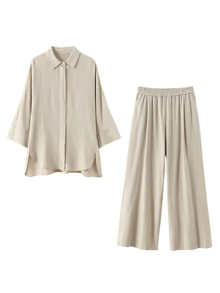 Turn-Down Collar Button Blouse & Wide Leg Pants Set