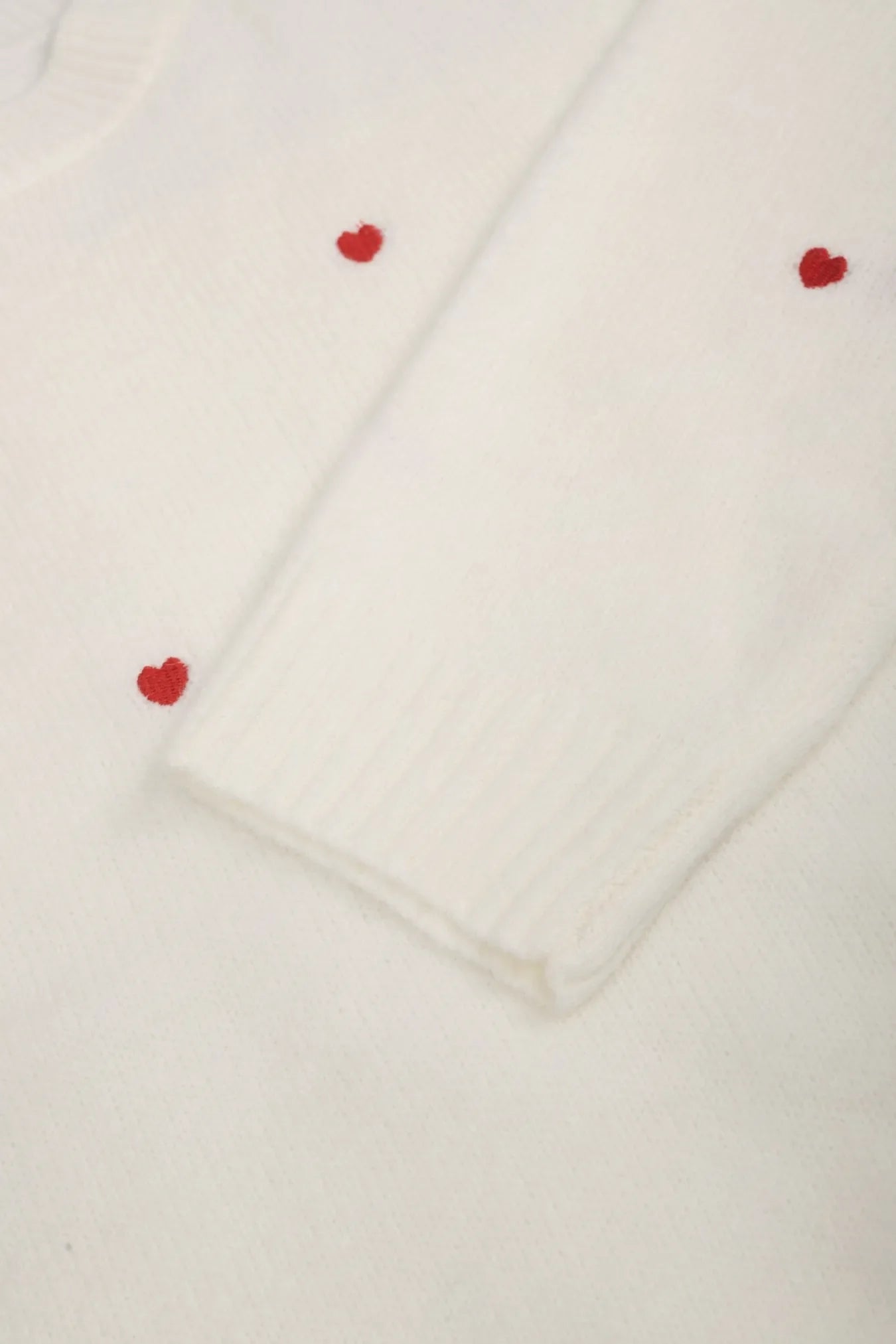 Women's Cream Red Heart Embroidered Oversized Knit Sweater