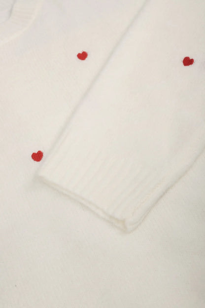 Women's Cream Red Heart Embroidered Oversized Knit Sweater