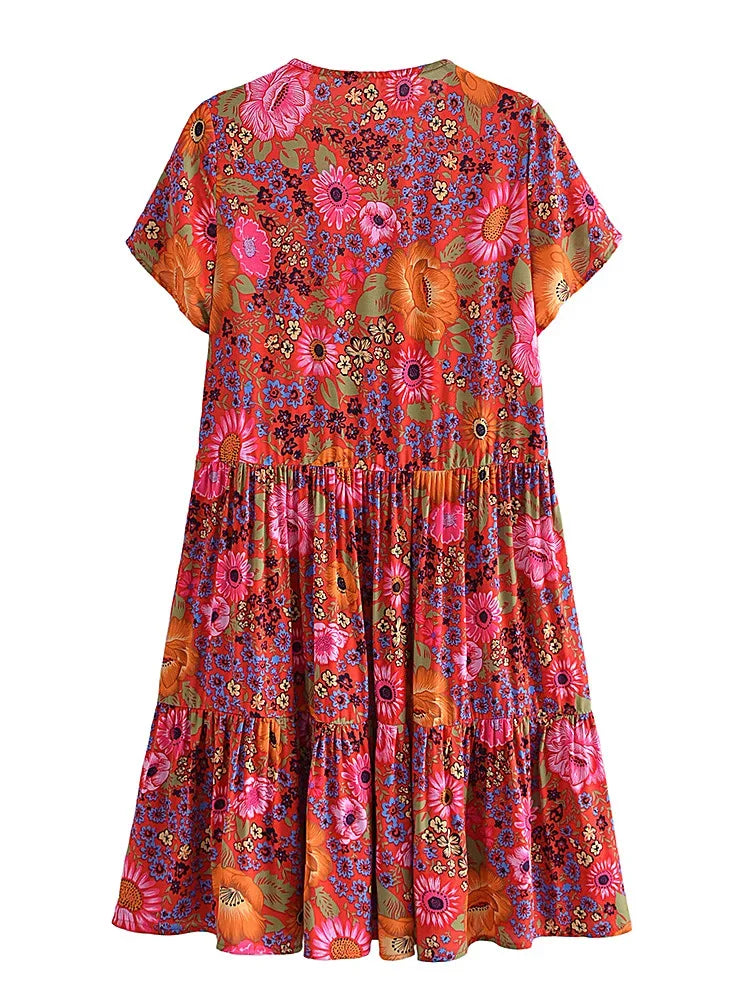 Women's Vintage Floral Print Boho Mini Dress