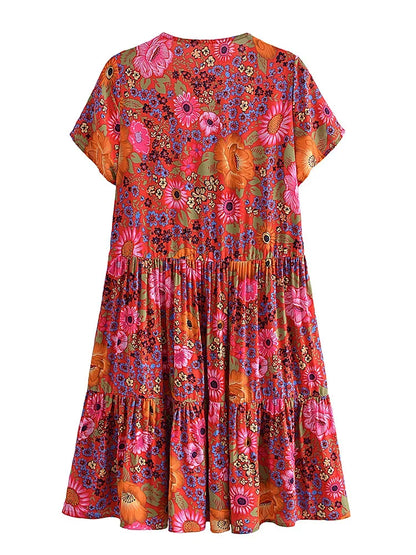 Women's Vintage Floral Print Boho Mini Dress
