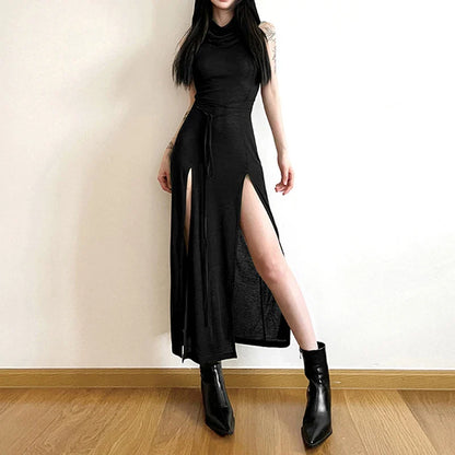 Goth Dark Cyber Gothic Hooded Dress Y2K Punk Grunge Hollow Out Midi Dress Women Split Side Streetwear