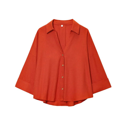 Women's Wide Sleeve Linen Shirt - Asymmetric Hem Button-Up Blouse