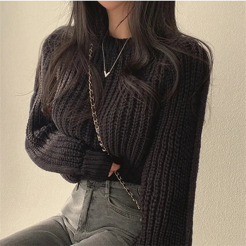 Round Neck Lantern Sleeve Knit Sweater Long Sleeve Loose Fit