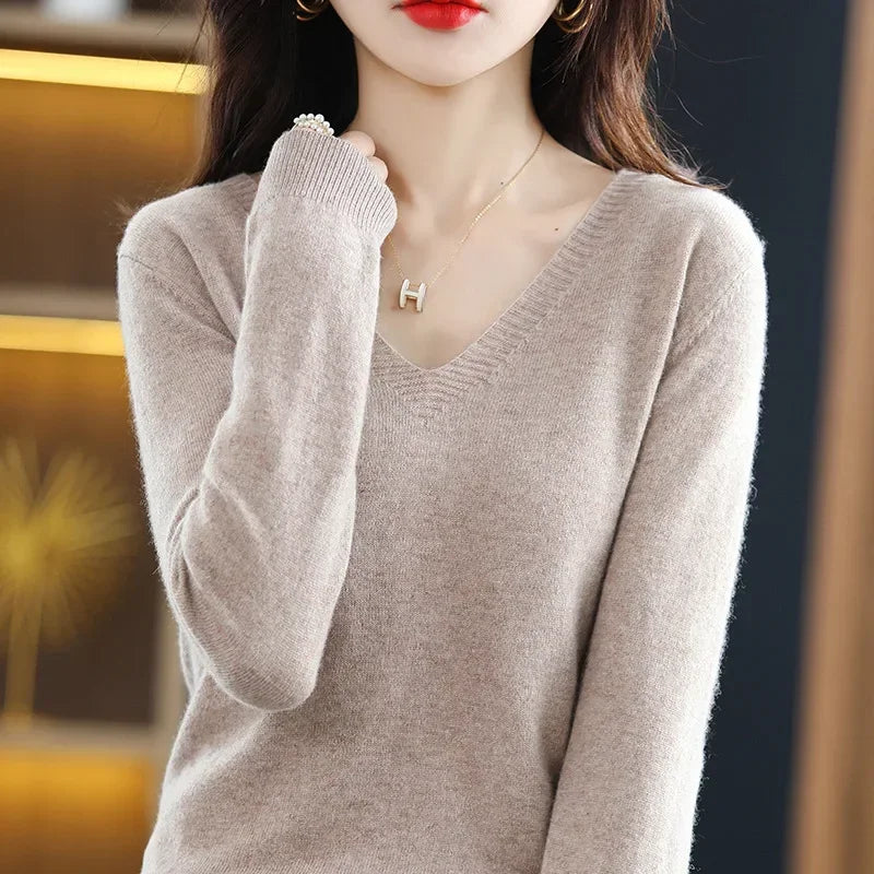 V-Neck Knit Sweater Long Sleeve Slim Fit Pullover