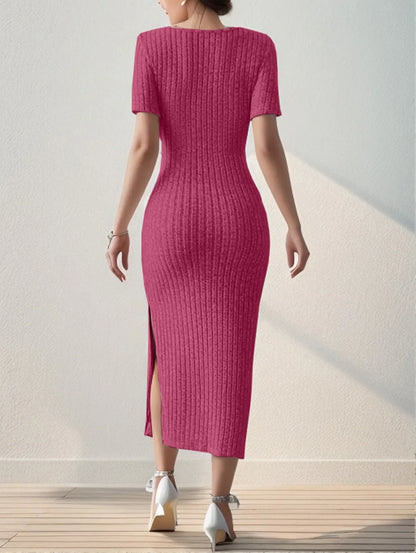 Square Neck Knitted Slit Dress Mid-Calf Sleeveless Hip-Hugging