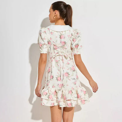 Tornova Print Puff Sleeves Ruffled Dress Women's V-Neck High Waist Pearl Buttons Mini Dress Female Casual Vacation Fashion Dress