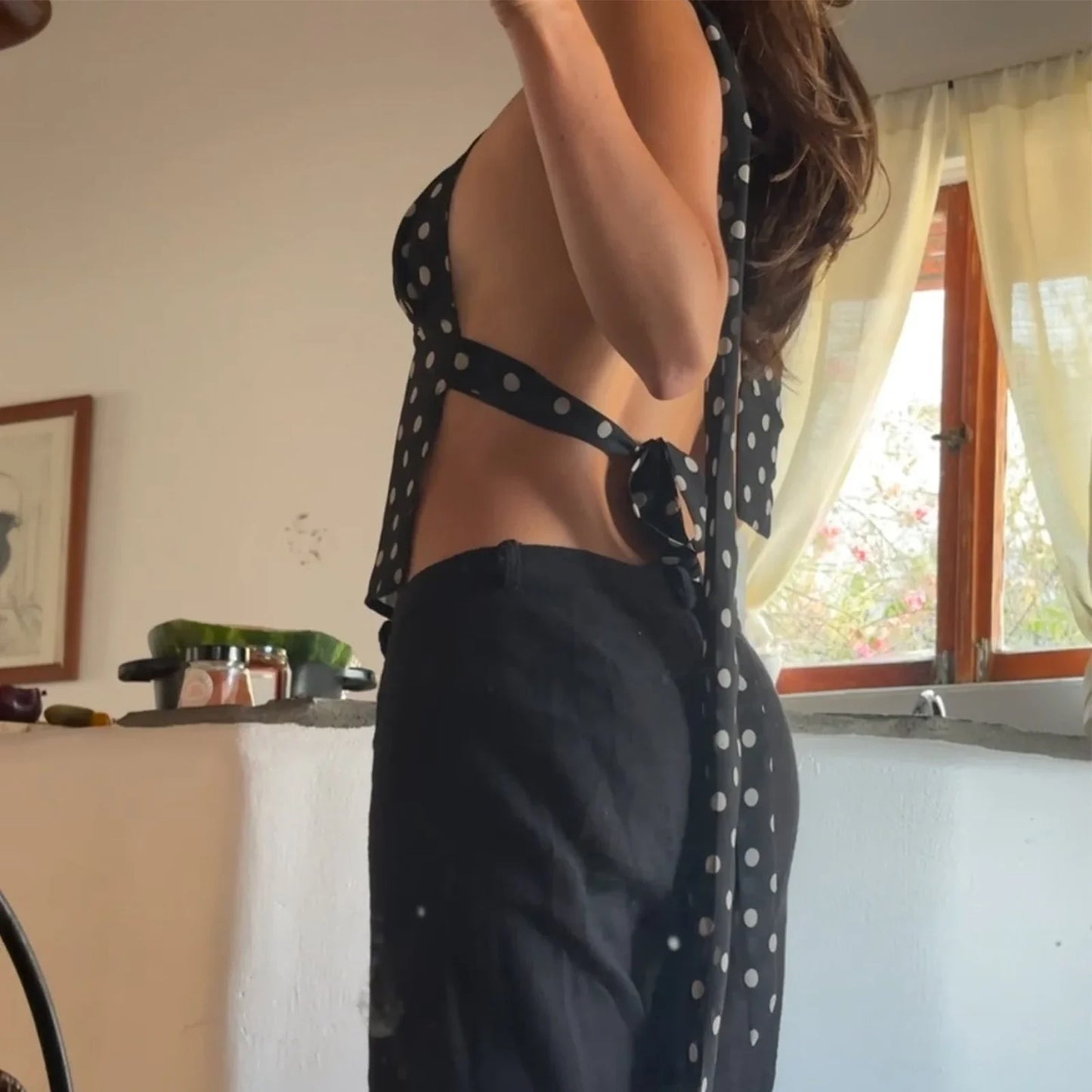 Polka Dot V-Neck Backless Halter Crop Cami Top