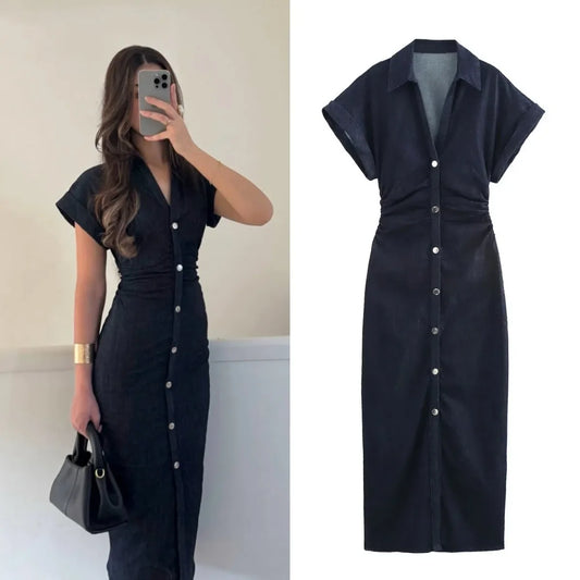 Denim Midi Dress V-Neck Side Zipper Short Sleeve Slim Elegant