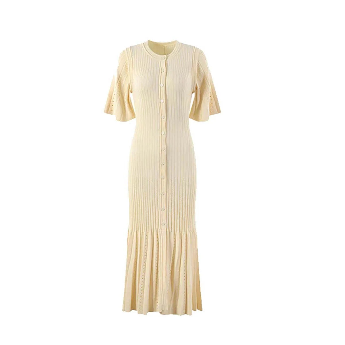 Fashionable Openwork French Slimming A-line Short-Sleeved Knitted Dress, Fishtail Long Dress for Women