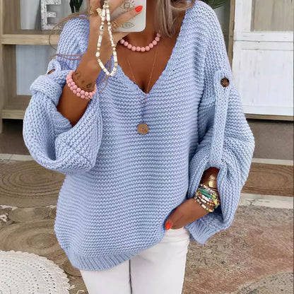 V-Neck Knit Cardigan Button Front Lantern Sleeve Loose Fit