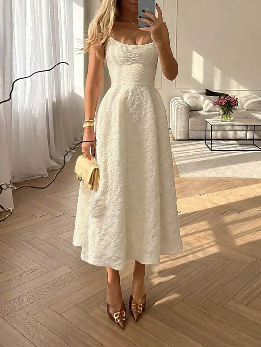 Elegant Solid Color French Style Sling Midi Dress with Waist Detail