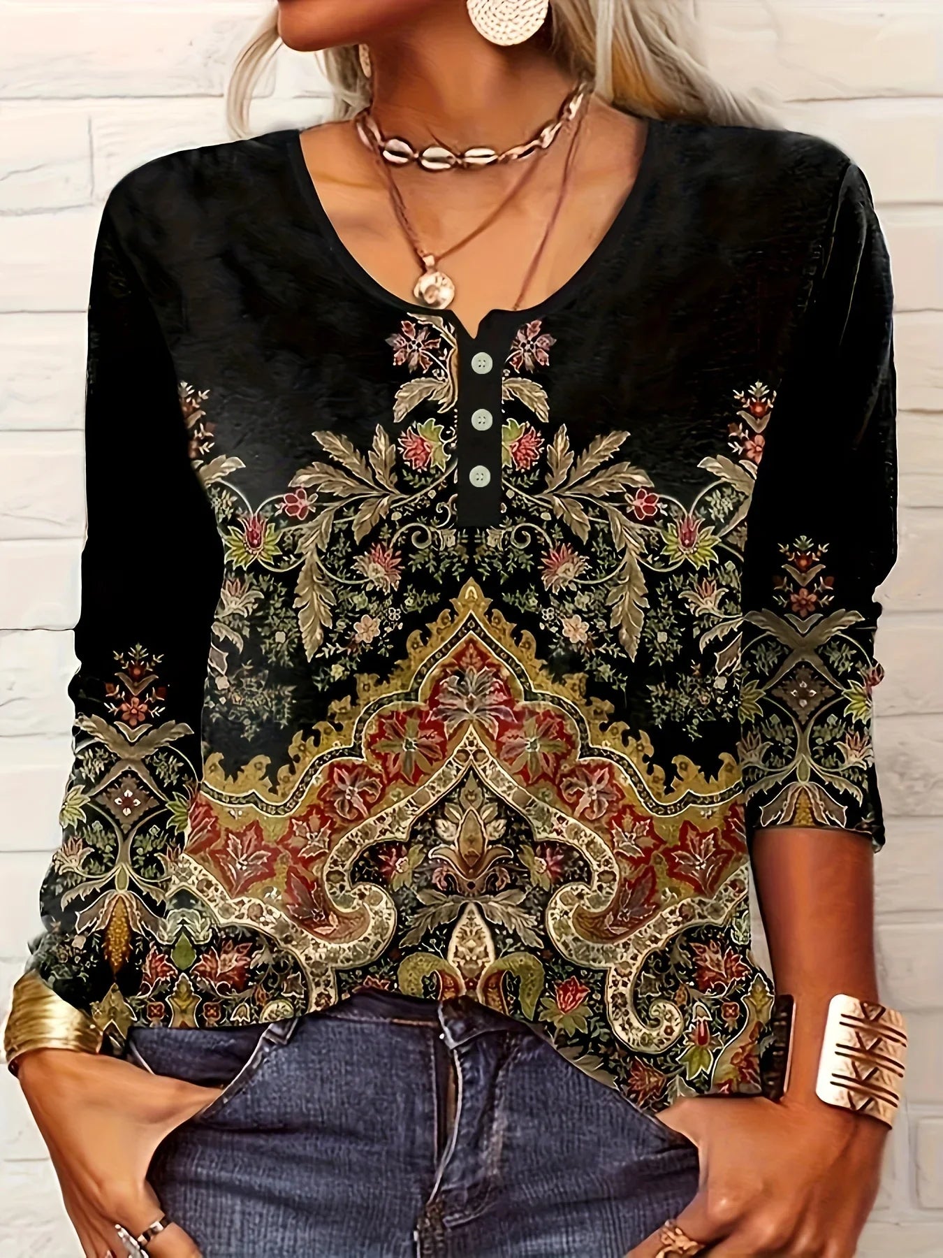 Women's Ethnic Print Long-Sleeve Top