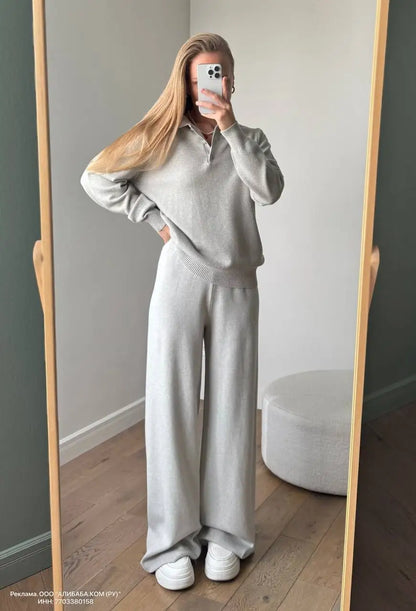 Polo Neck Knit Sweater & Wide Leg Pants Set