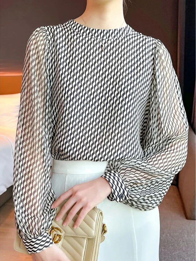 Women's Striped Chiffon Long-Sleeve Blouse