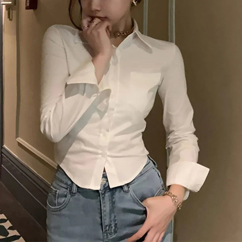 Chiffon Button-Up Blouse with Pockets