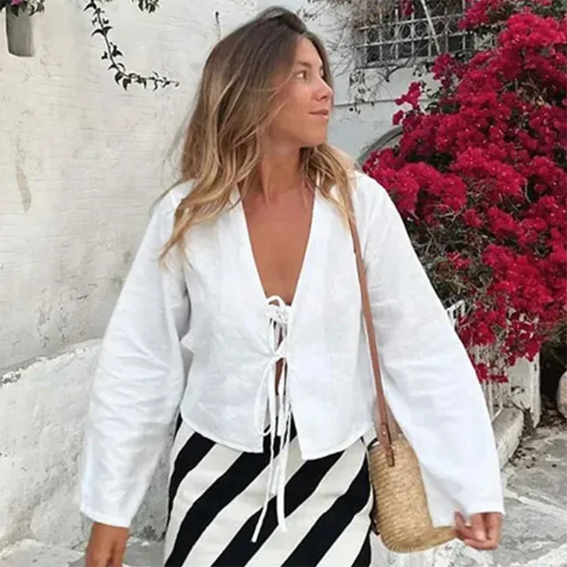 V-Neck Bow Lace-Up Puff Sleeve Loose Shirt