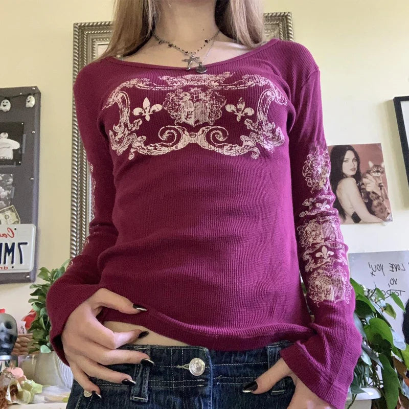 Goth Thermal T-shirt Skulls Graphic Print Long Sleeve Pullovers Tops Women 90s Vintage Aesthetic Tees