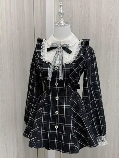 Japanese Lace Plaid Dress Kawaii Grunge Ruffled Long Sleeve Y2K JK Lolita