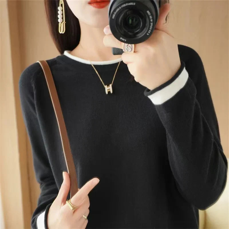 Round Neck Cotton Knit Sweater Long Sleeve Regular Fit