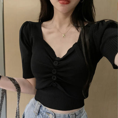 V-Neck Button Front Knit Top Puff Sleeve Short Cropped