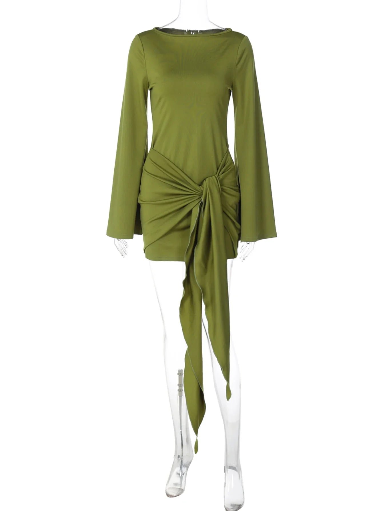 Elegant O-Neck Long Sleeve Slim Fit Lace Up Mini Dress Ladies Solid Casual Clothes Party Club Outfit