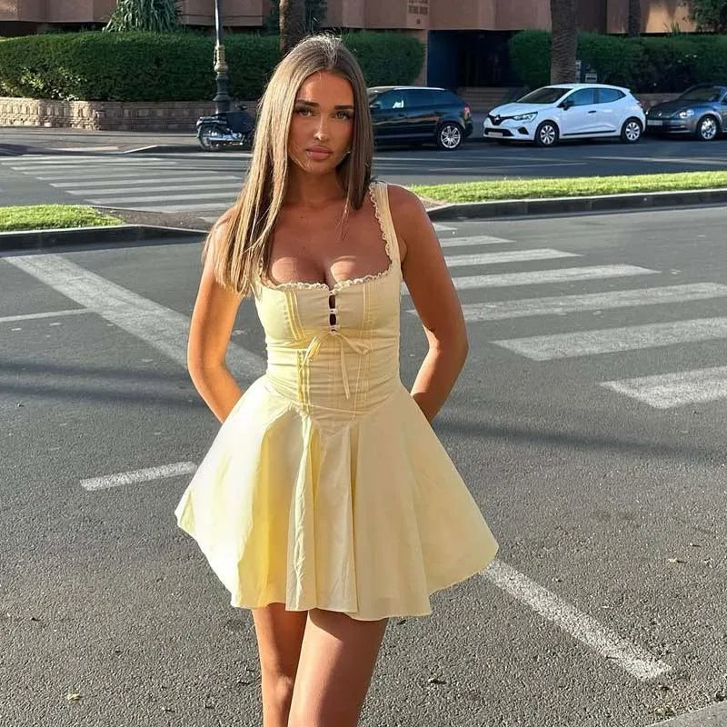 Lace Spaghetti Strap Low Waist Lace-Up Mini Dress