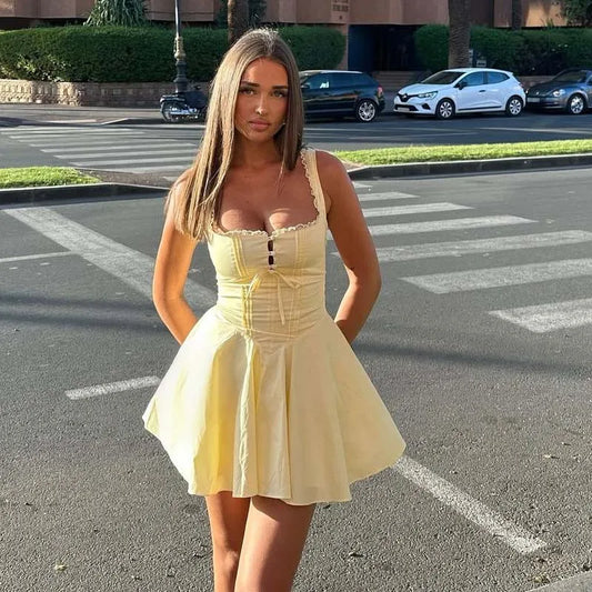 Lace Spaghetti Strap Low Waist Lace-Up Mini Dress