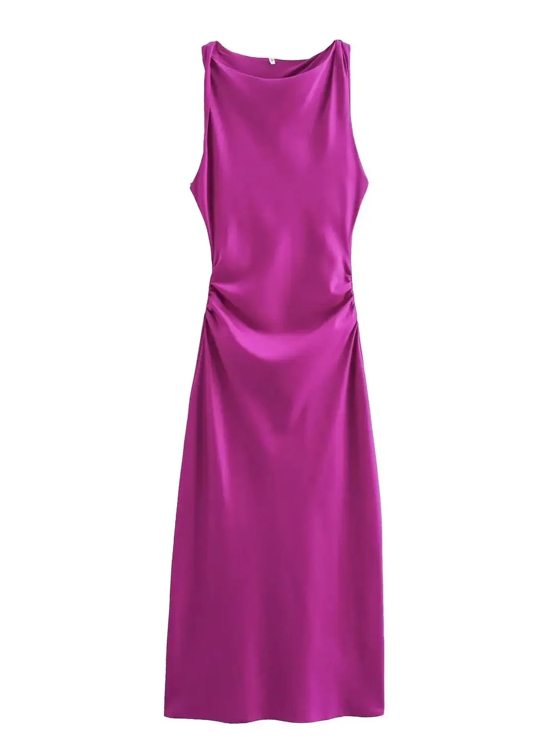 Satin Twisted Armhole Waist Gathered Midi Dress