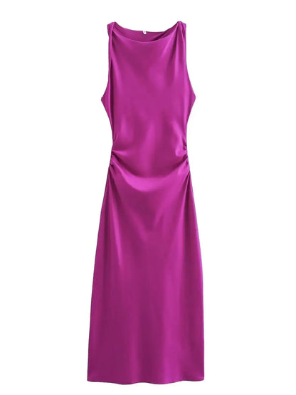 Satin Twisted Armhole Waist Gathered Midi Dress