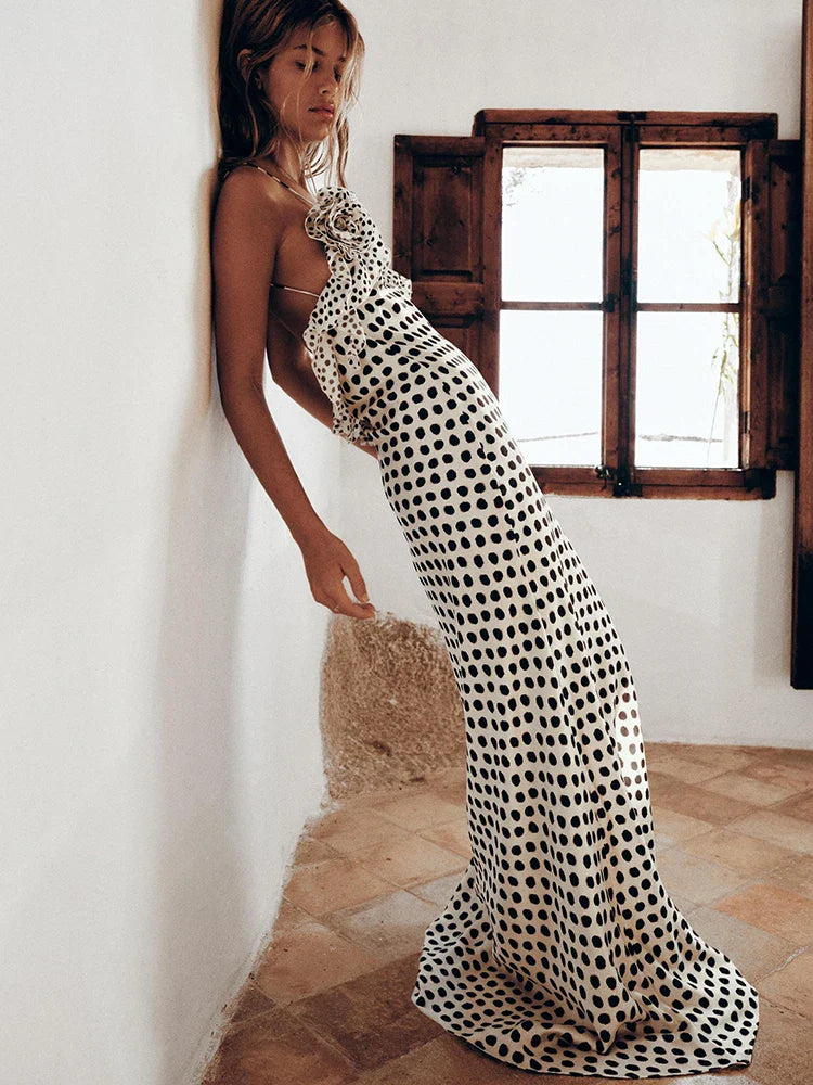 Floral Dot Print Spaghetti Strap Backless Maxi Dress