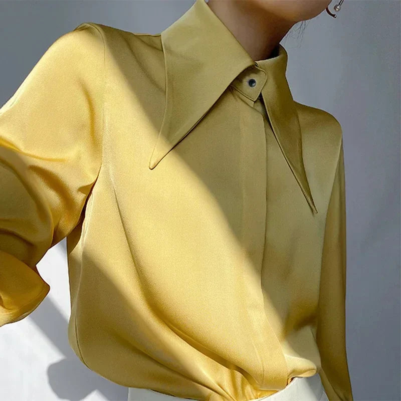 Women's Satin Silk Blouse - Long Sleeve Office Shirt