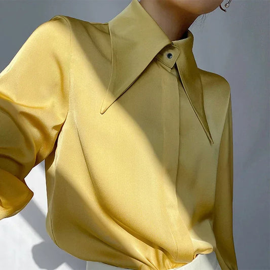 Women's Satin Silk Blouse - Long Sleeve Office Shirt