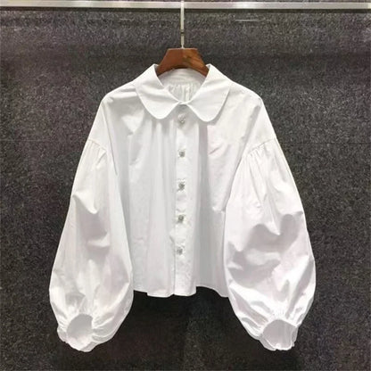 Vintage Peter Pan Collar Blouse Women Puff Sleeve White Shirt Korean Fashion
