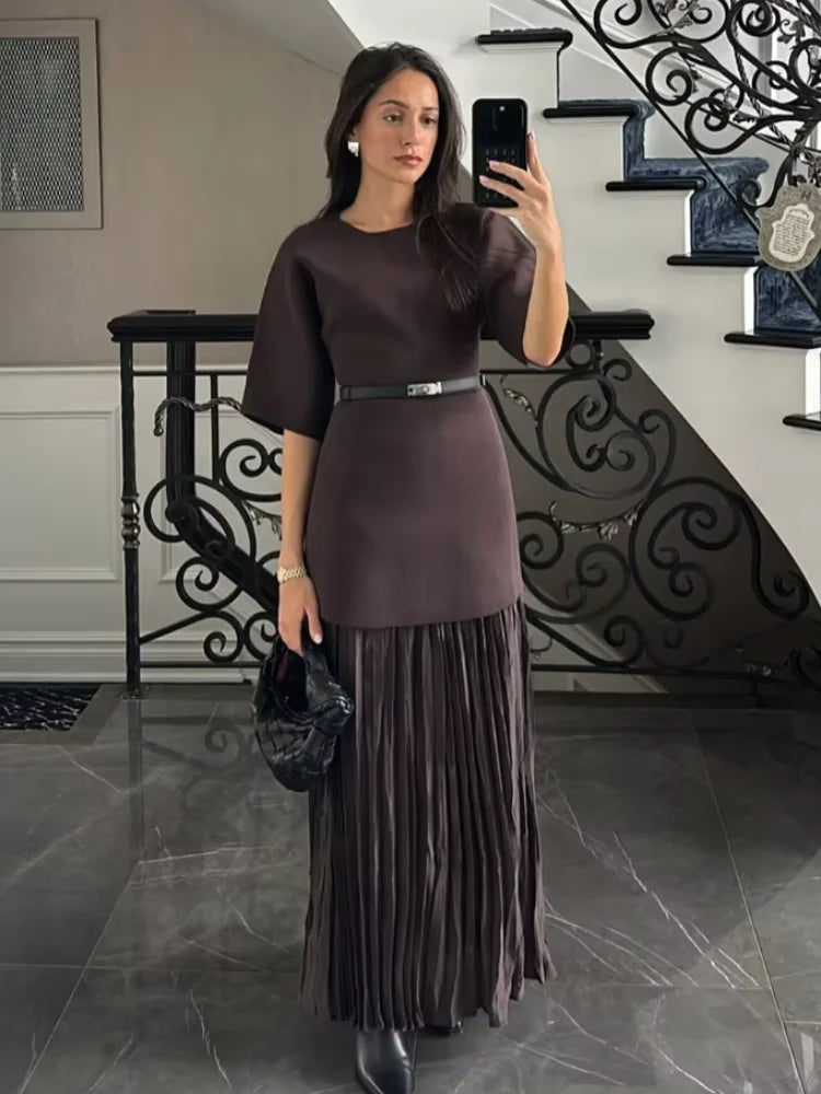 Women's Chic Splicing Maxi Dress - Half Sleeve Pleated A-Line Dress